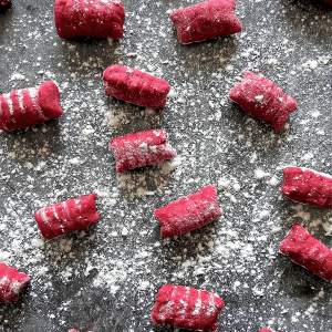 Prepared Beetroot Gnocchi on the counter