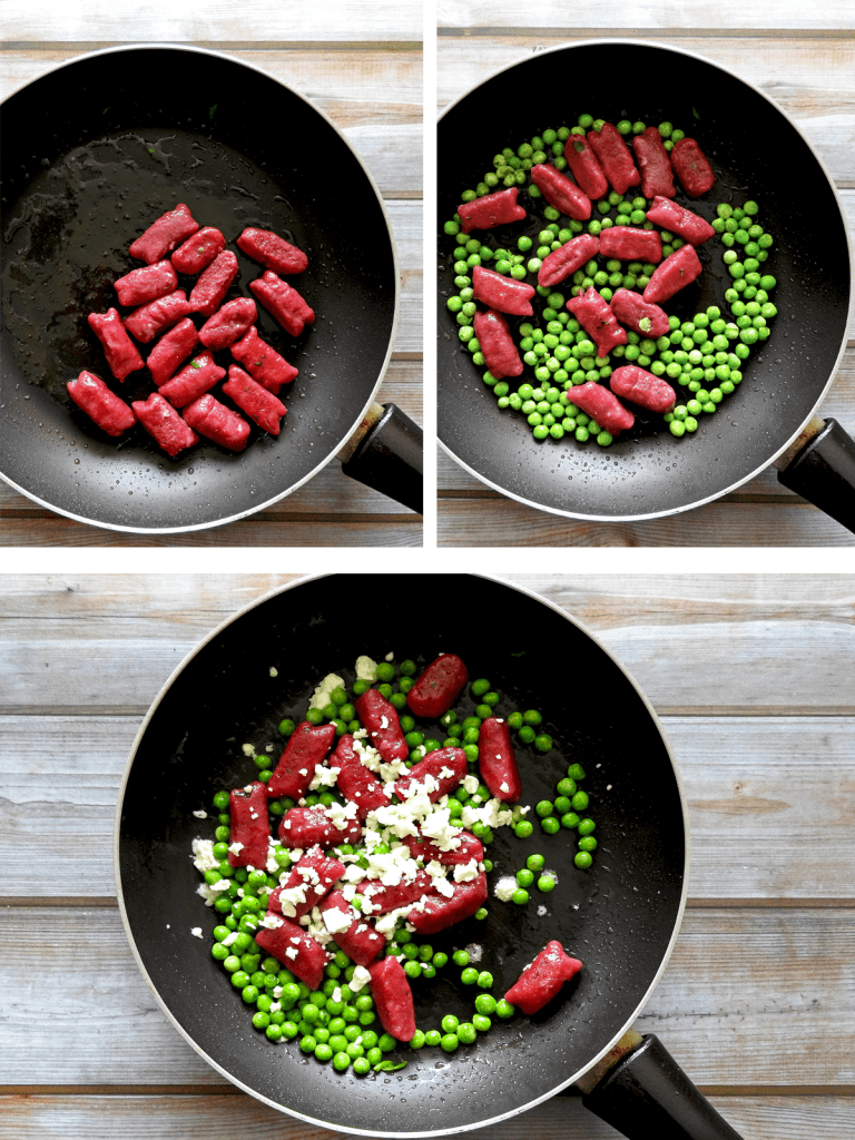 Step 2: add gnocchi to pan then peas and feta