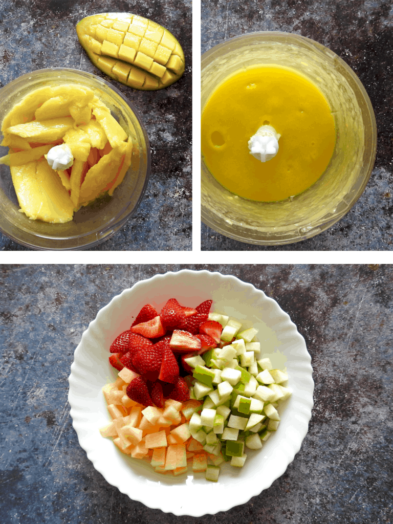 How to steps - blend mango, chop fruit then mix together