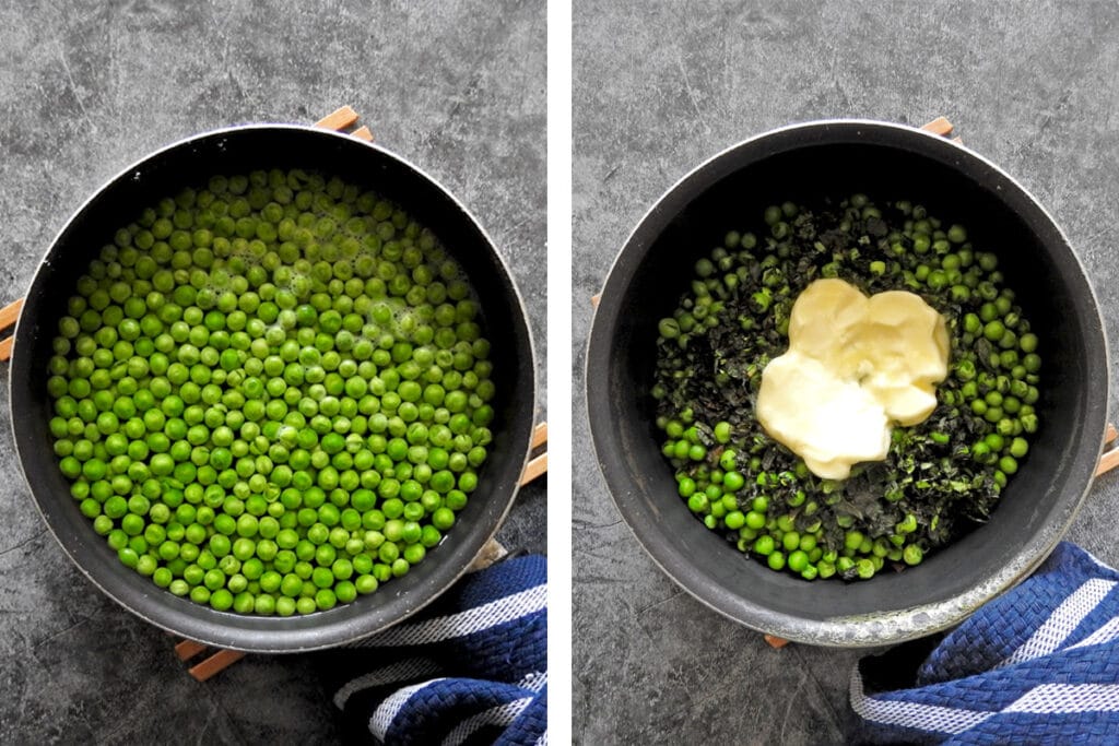 Minted peas recipe steps - cook the peas,, stir in the butter and mint