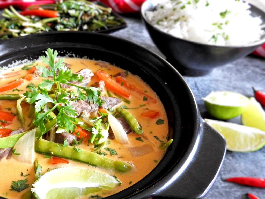 Thai red beef curry close up in a bowl