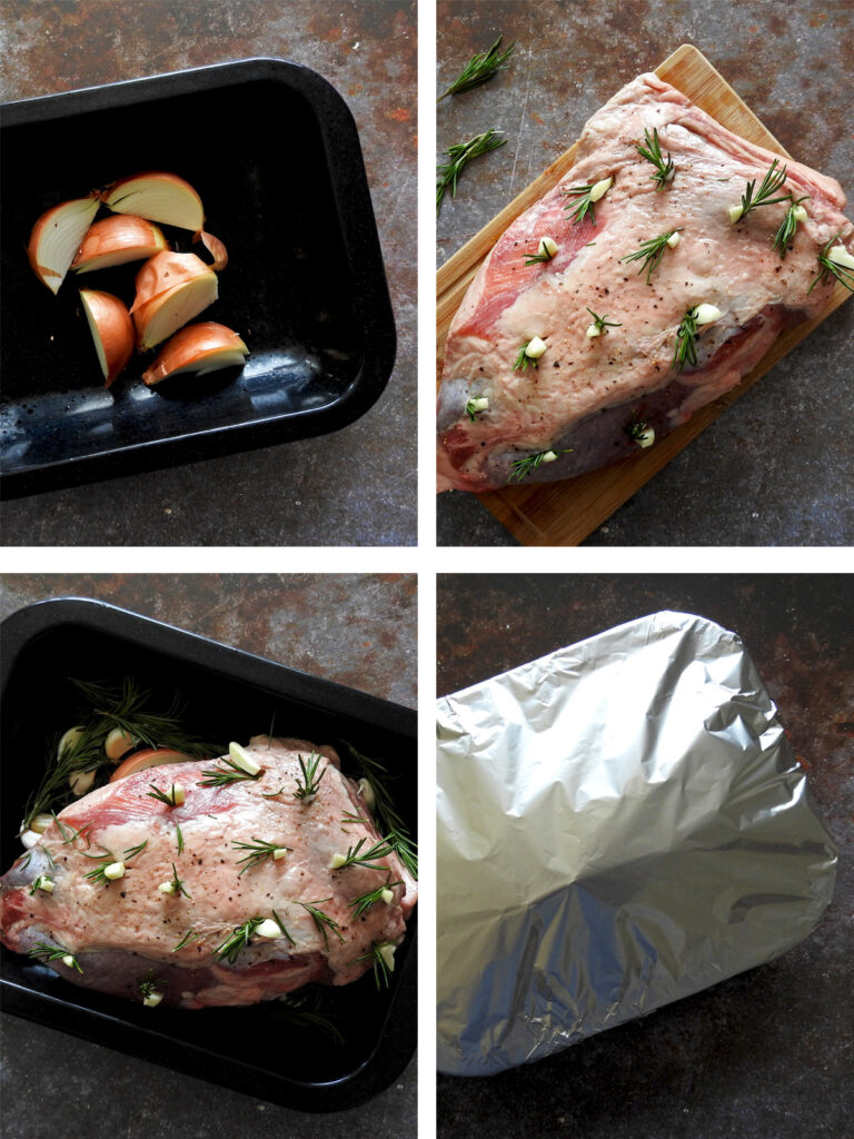 Recipe steps 1-4. Place onion in baking dish, stud the lamb fat with garlic and rosemary, place in baking dish and cover with foil