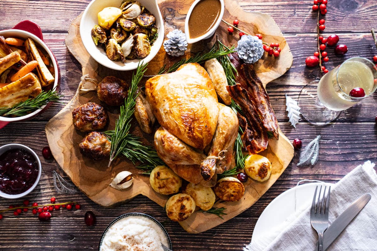 Christmas dinner for one on a wooden board