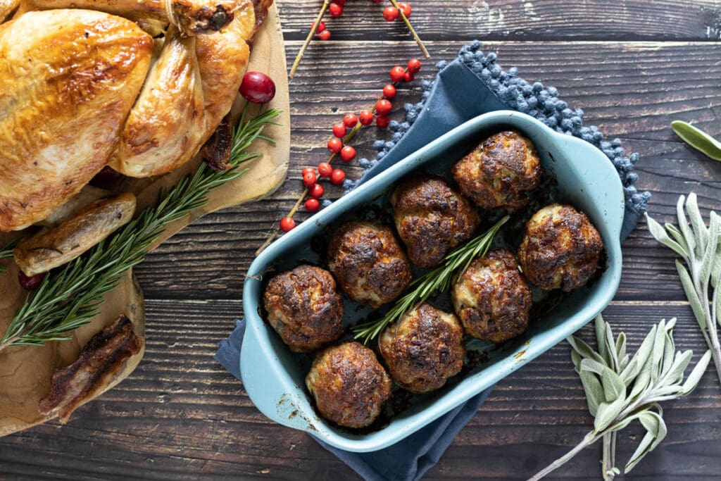 Sage and onion stuffing next to a turkey