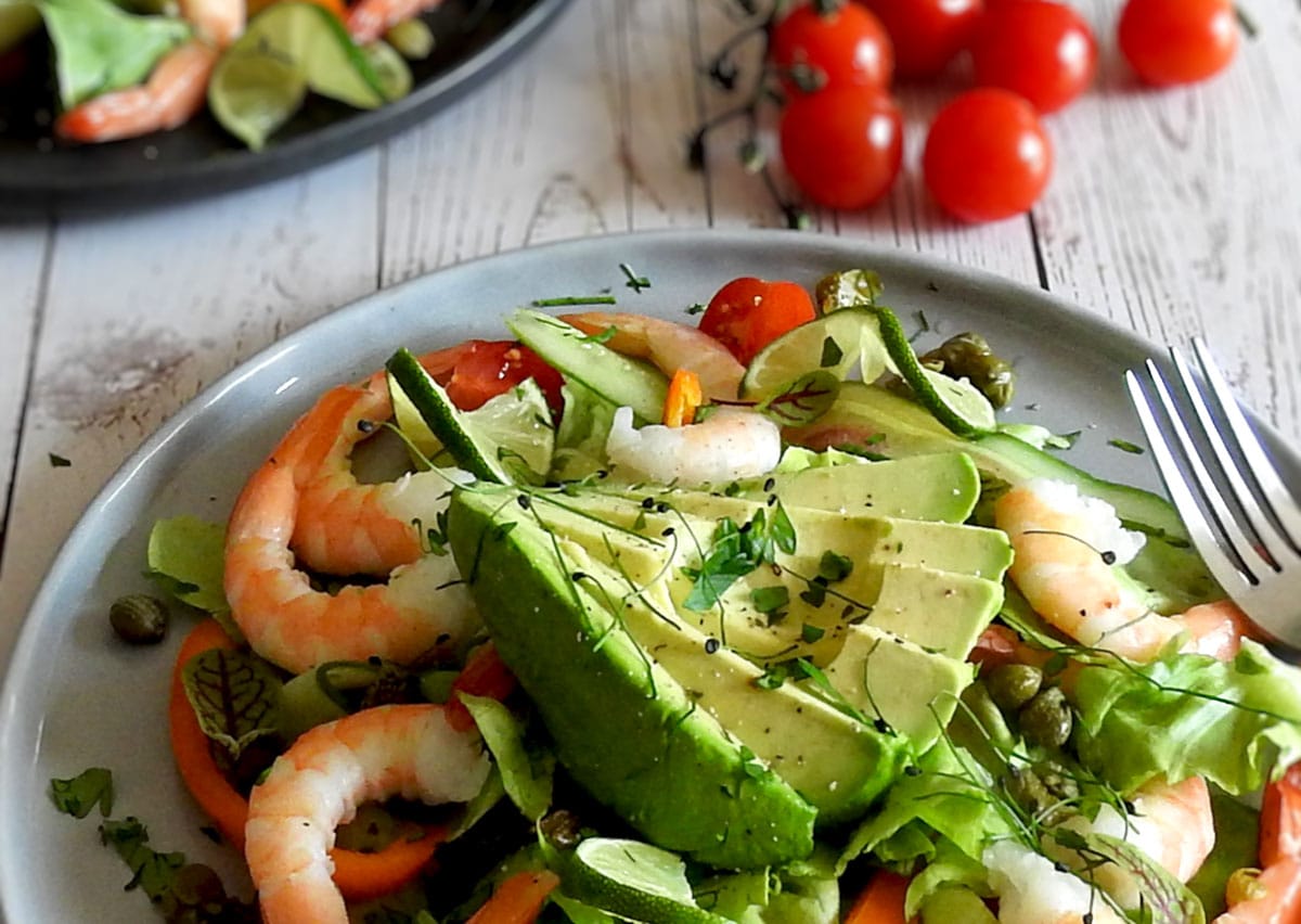 Prawn and Avocado Salad on a plae