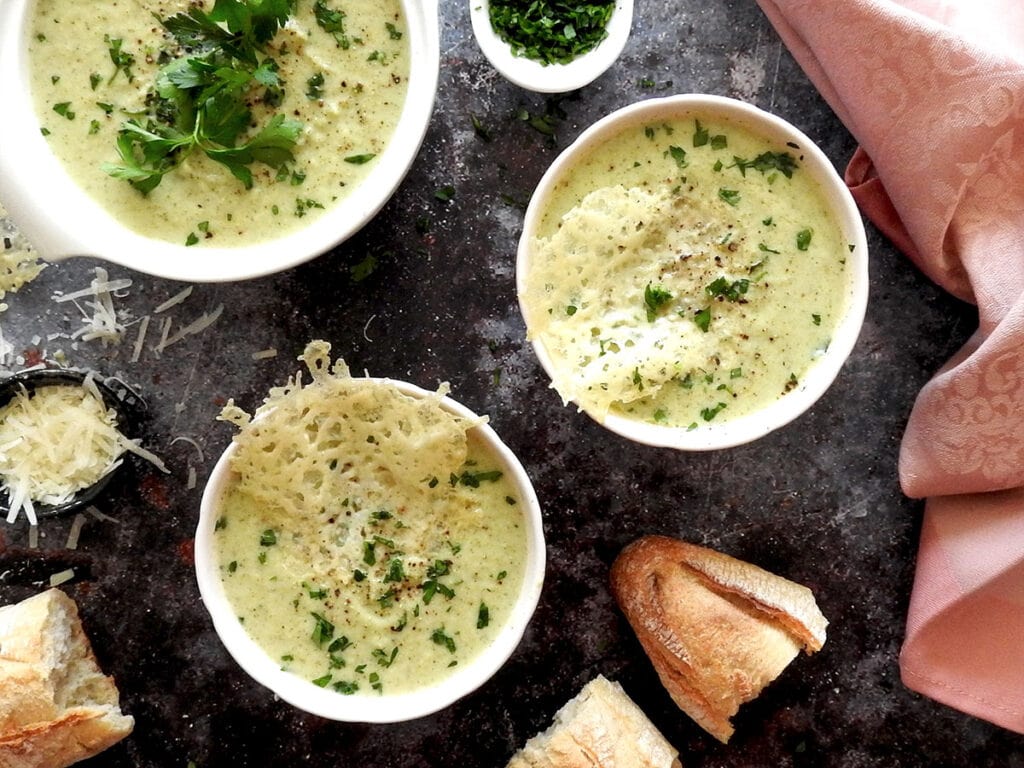 Broccoli and cauliflower soup on a table