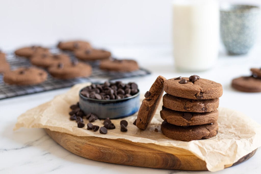 Chocolate shortbread with a bowl of chocolate chips