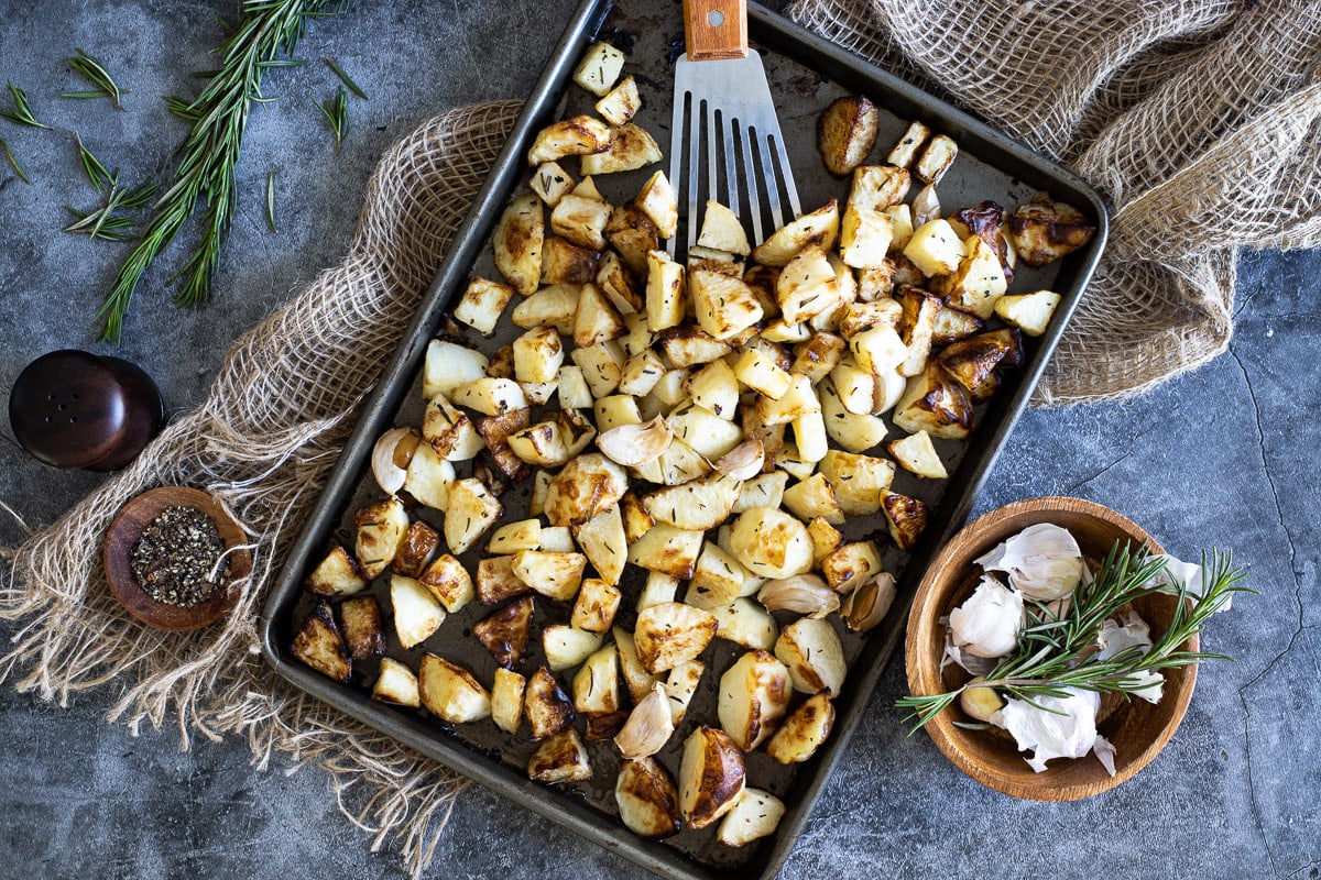 Parmentier potatoes on a baking tray