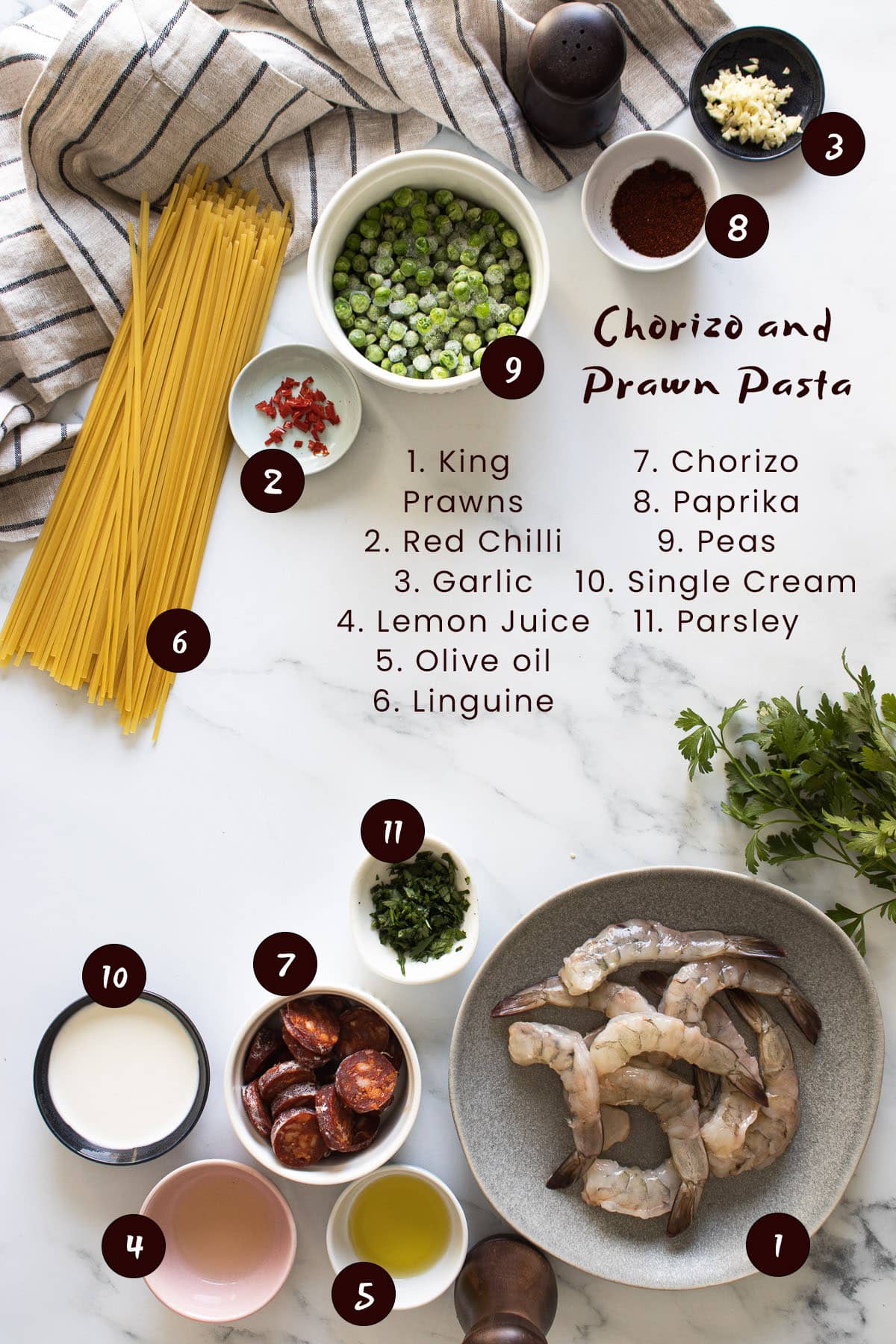 Chorizo and prawn pasta ingredients
