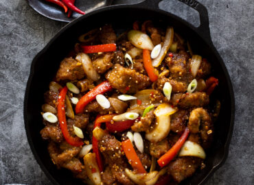 Crispy chilli beef in a pan