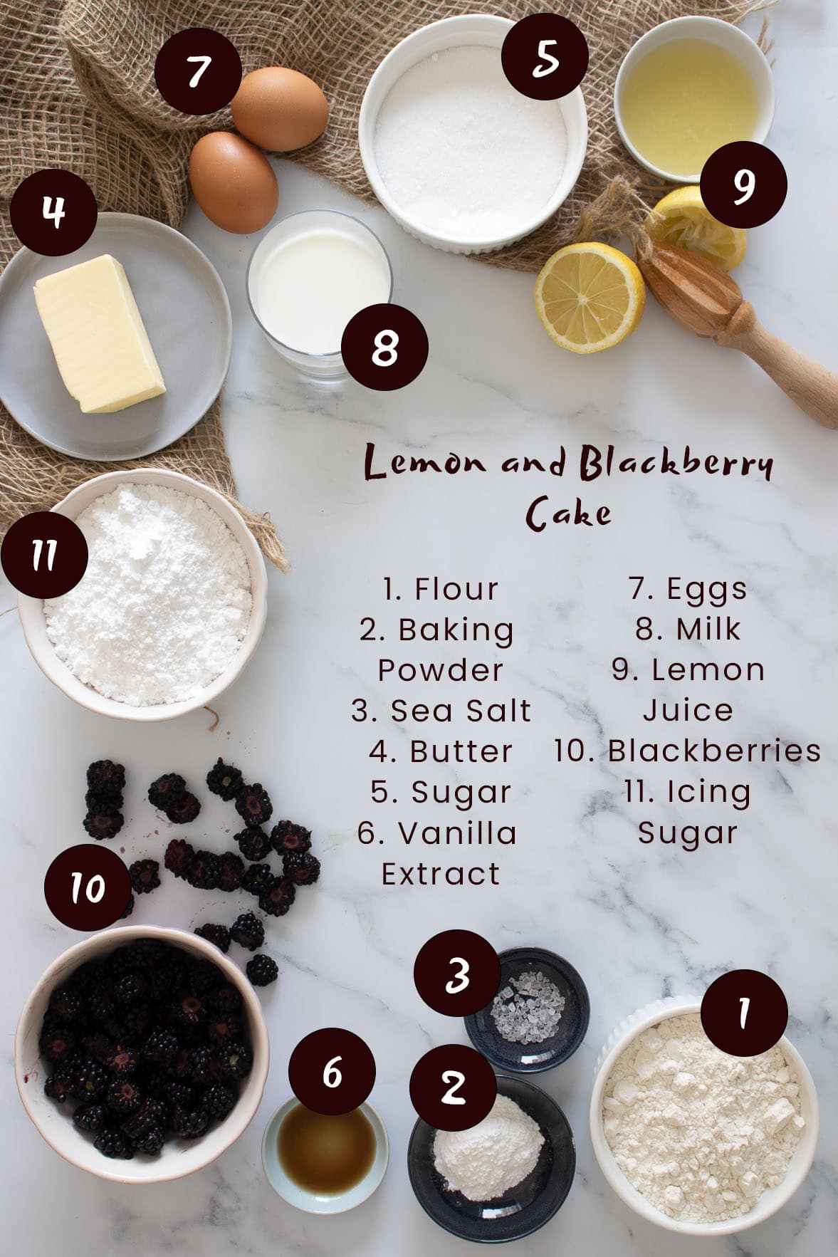 Lemon and blackberry cake ingredients