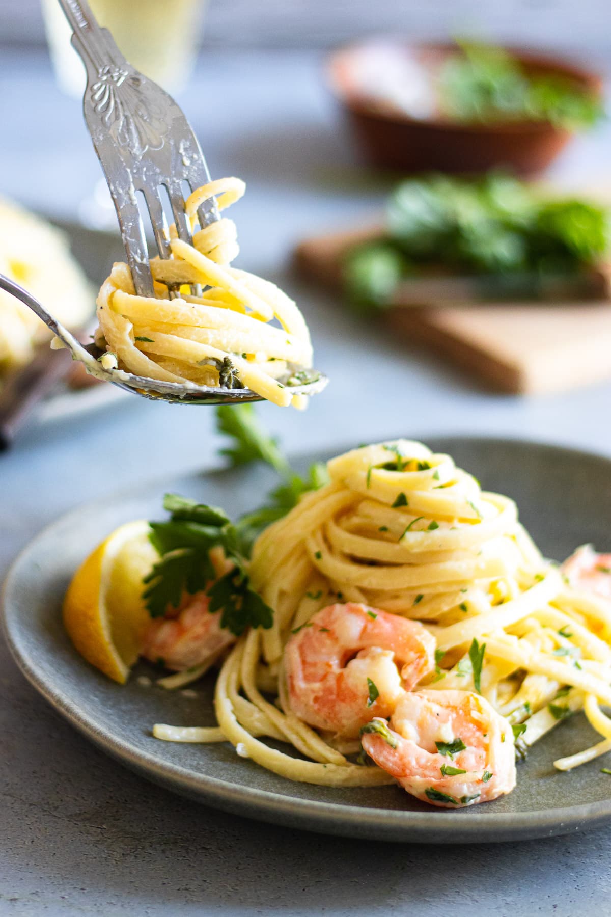 Prawn linguine being swirled on a fork